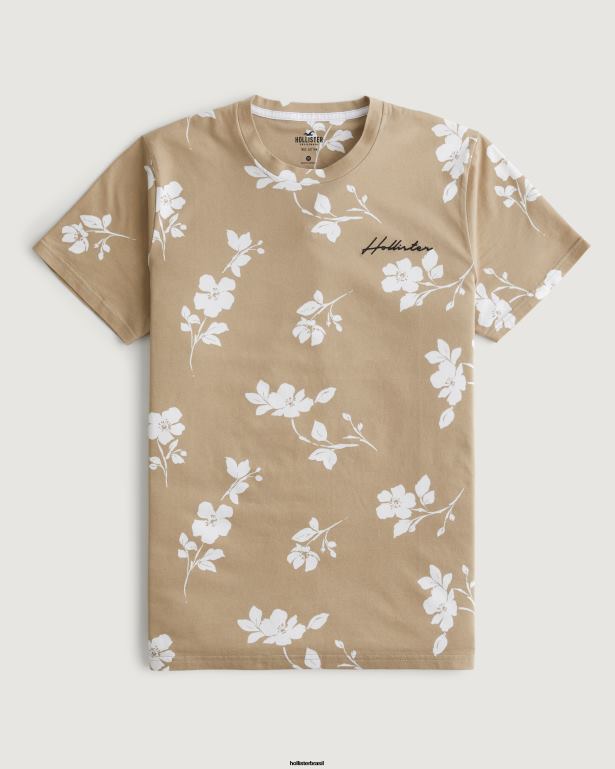 camiseta da tripulação com logotipo padrão floral bege homens Hollister  tops TT24P901 [TT24P901] : Jaqueta Hollister