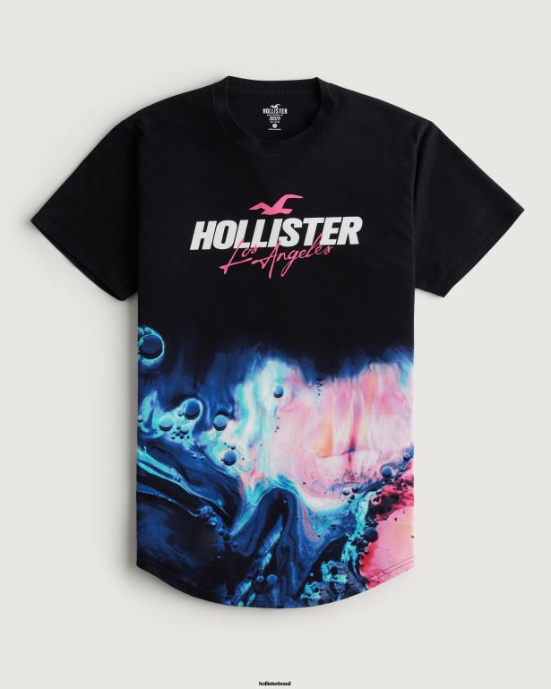 camiseta com estampa de logo e efeito de lavagem na bainha curva preto com estampa rosa homens Hollister tops TT24P828