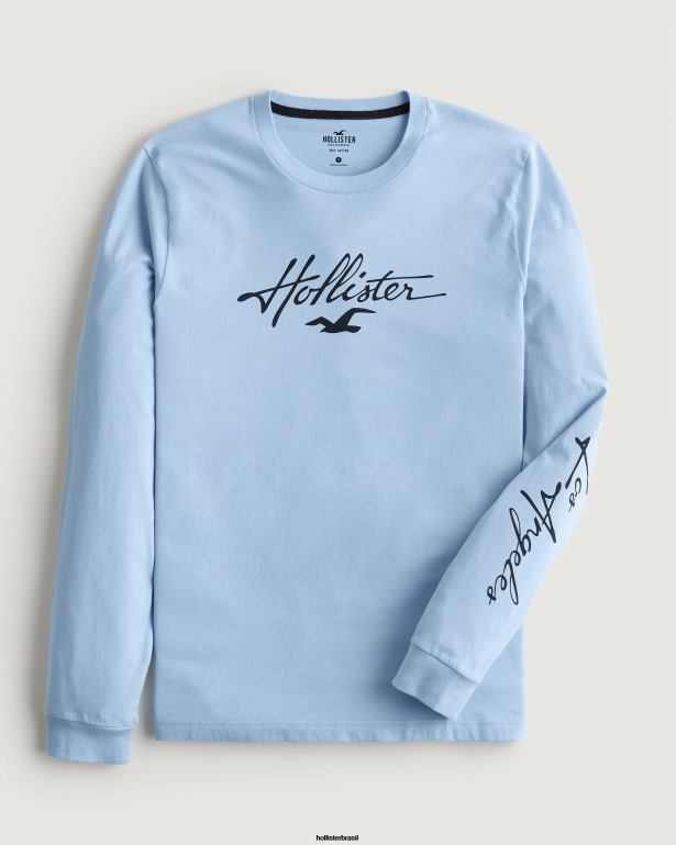 camiseta manga longa com estampa de logo azul claro homens Hollister tops TT24P826