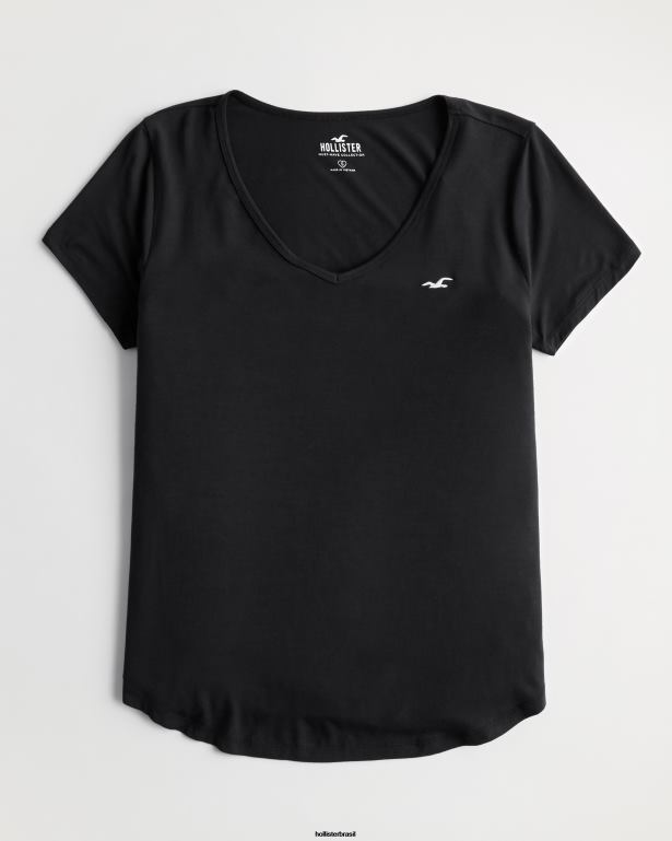 camiseta decote V com logo easy icon preto mulheres Hollister tops TT24P36